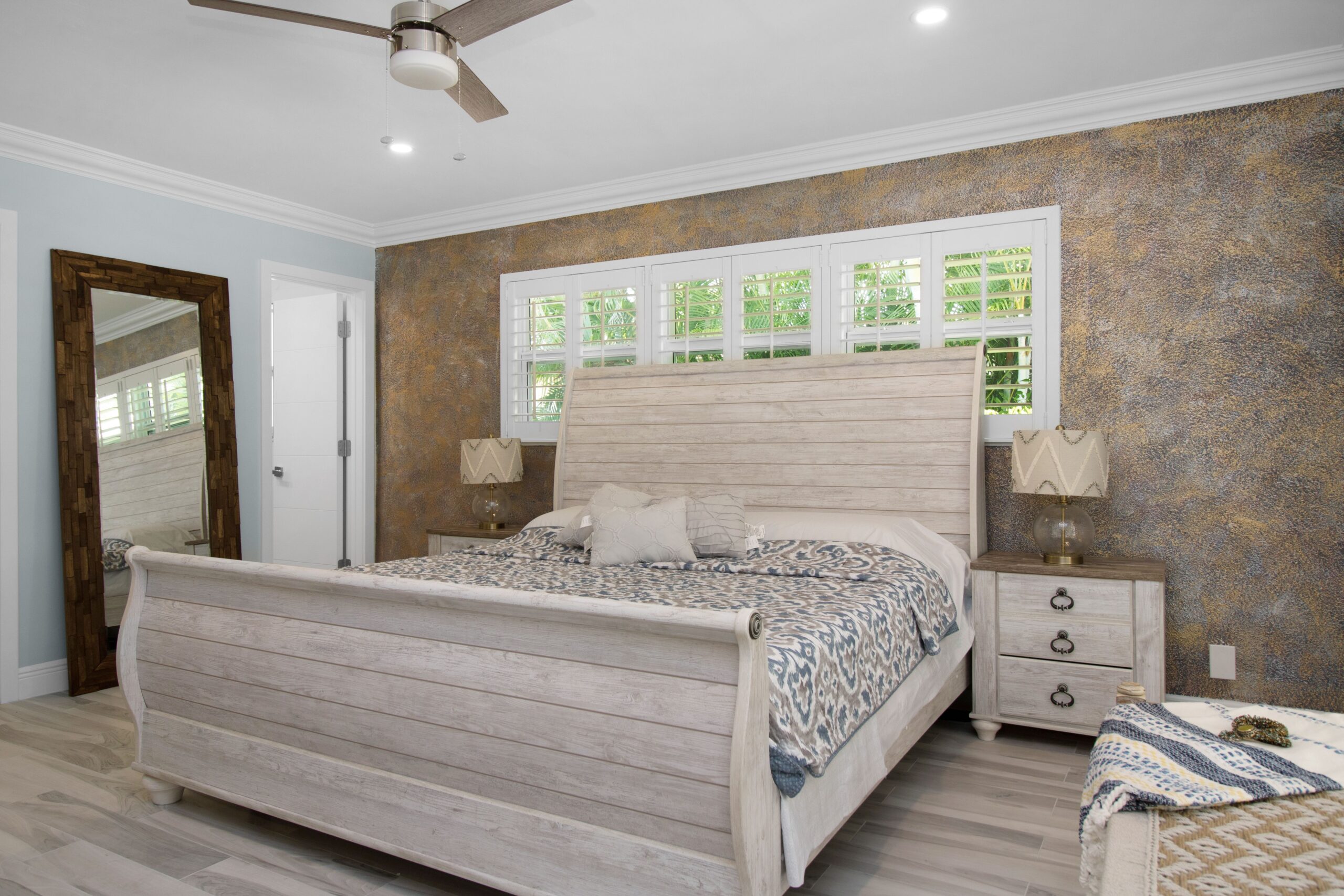 Wooden bed in the bedroom